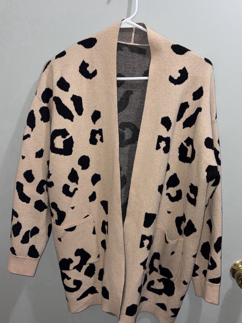 Beige and Black Leopard Open Cardigan Sweater